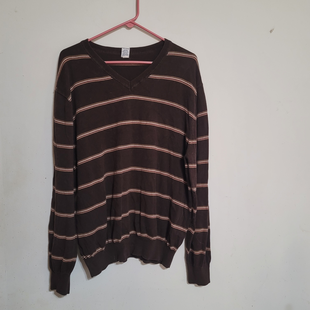 Vtg‎ GAP Sweater Mens XL Cotton Knit V Neck Brown Striped Preppy Y2K Lightweight